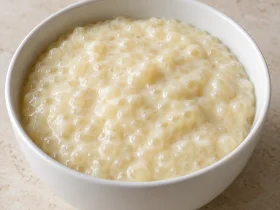 Homemade tapioca pudding with small pearls in a creamy vanilla base.