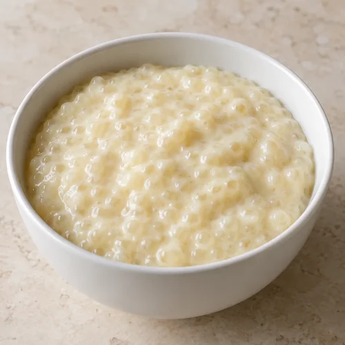 Homemade tapioca pudding with small pearls in a creamy vanilla base.