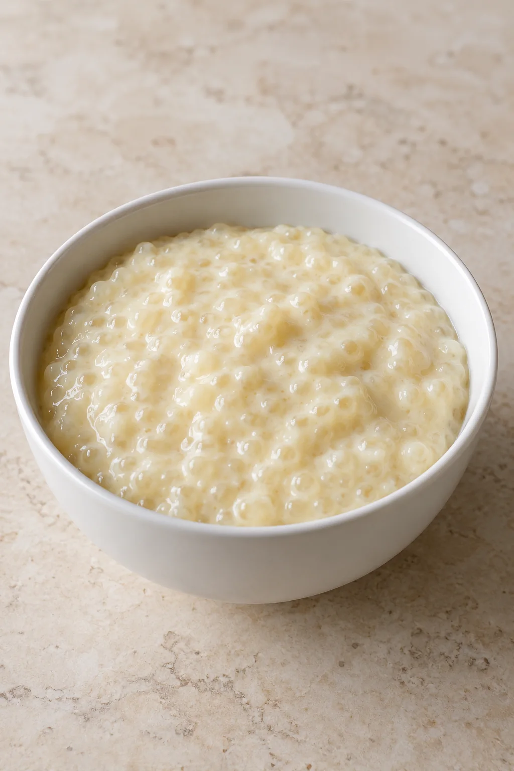 Homemade tapioca pudding with small pearls in a creamy vanilla base.