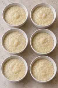Homemade tapioca pudding portioned into six small serving bowls.