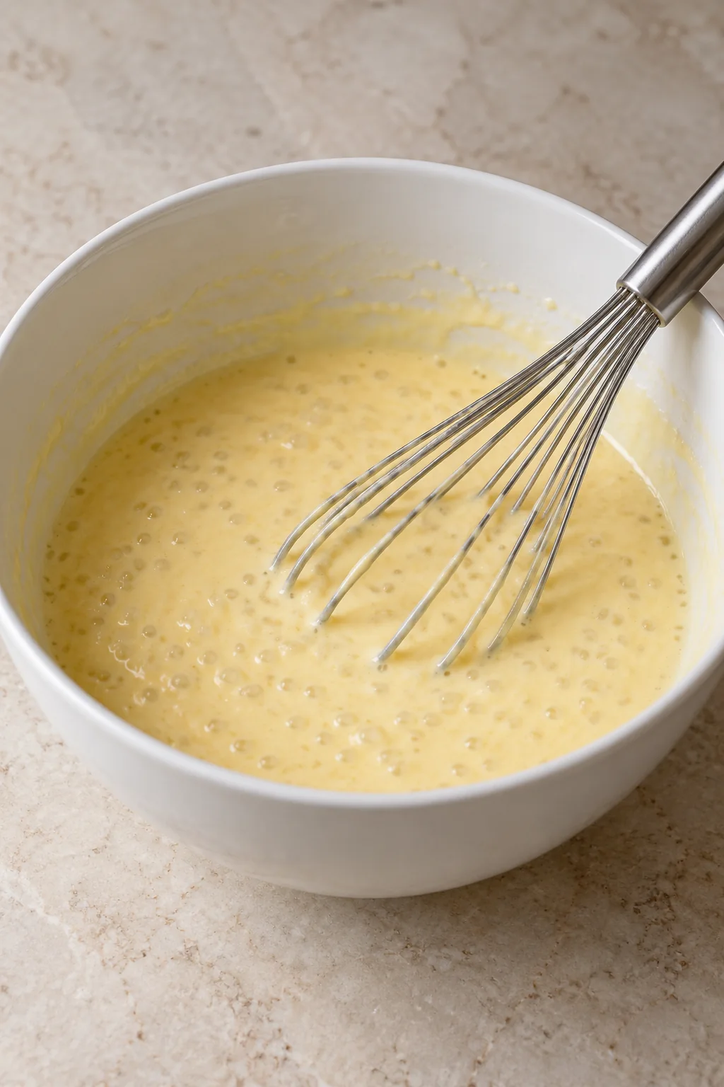 Egg yolk mixture warmed with spoonfuls of hot tapioca pudding.