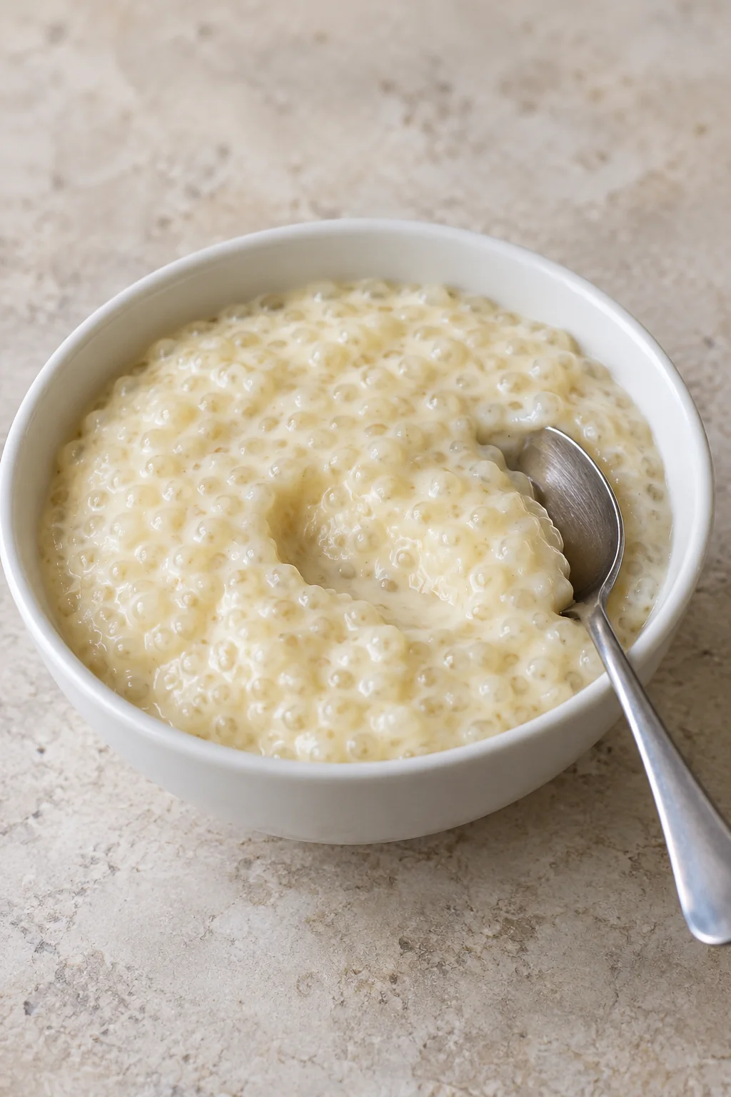 Close-up of the pudding's small translucent tapioca pearls and creamy texture.