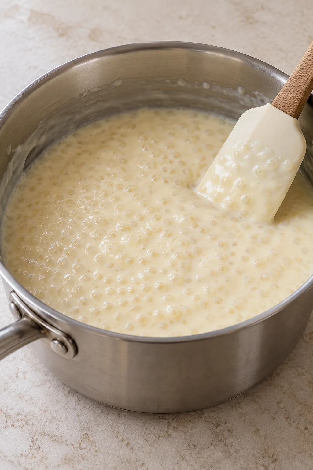 Thickened tapioca custard in the saucepan before folding in egg whites.