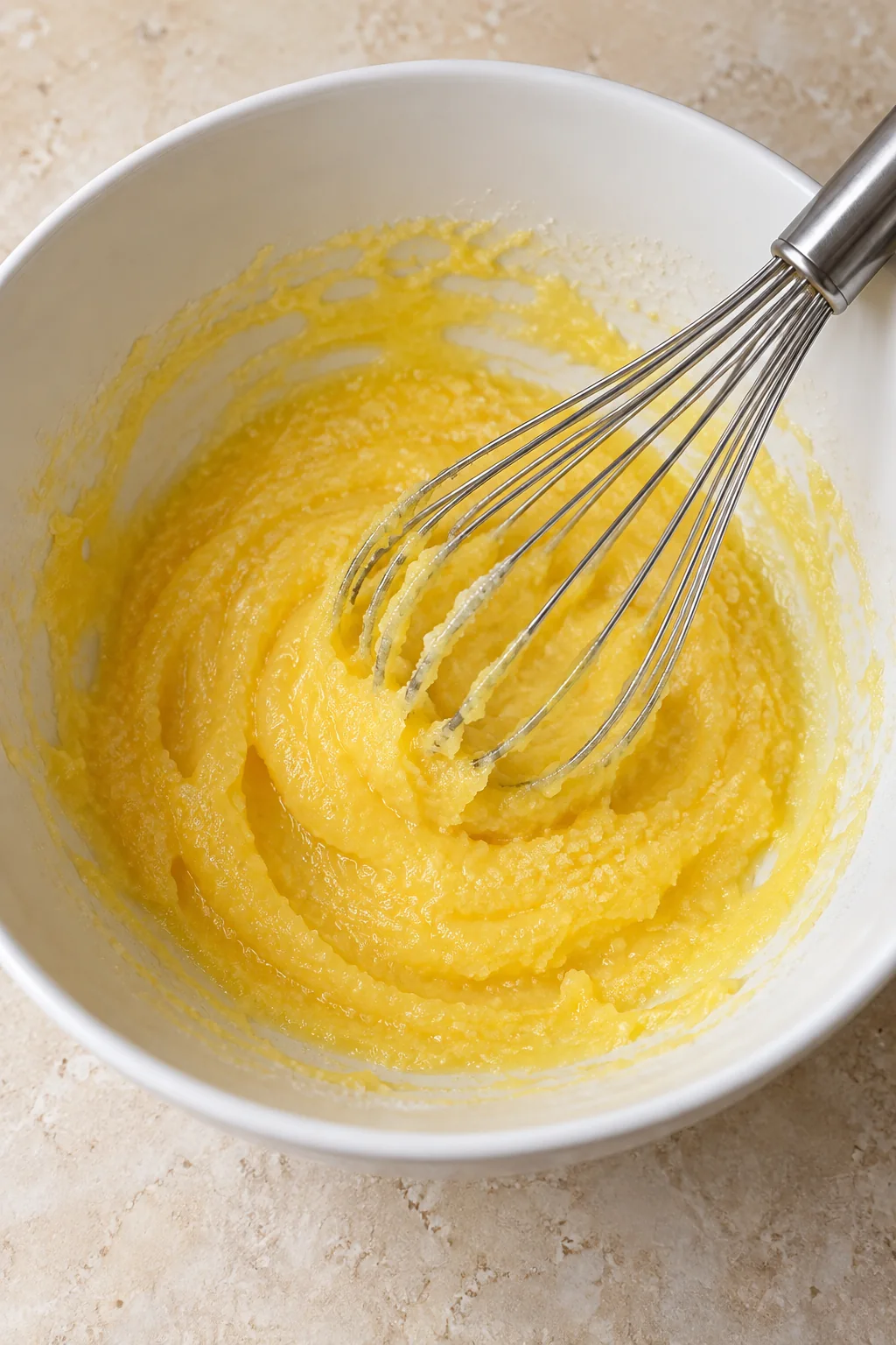 Egg yolks whisked with granulated sugar.