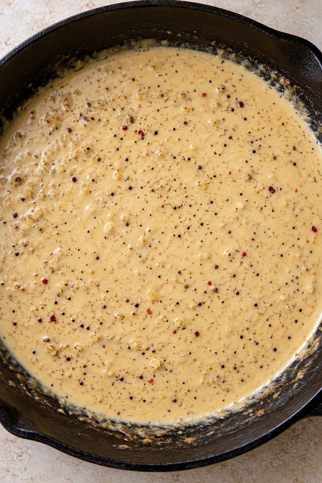 Smooth creamy garlic Parmesan sauce with fine pepper flecks in the skillet.