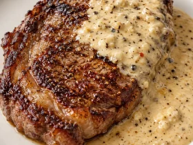 A whole seared ribeye steak topped with creamy garlic Parmesan sauce on a white plate.