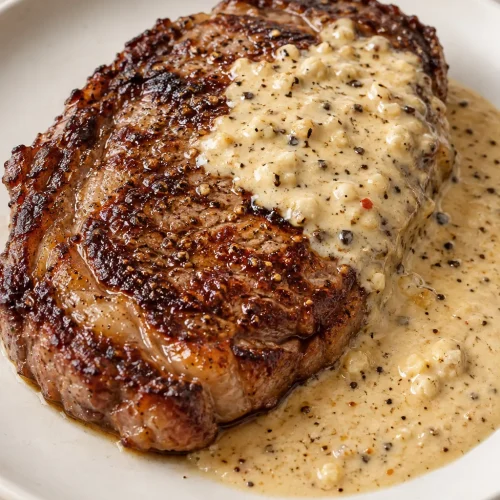 A whole seared ribeye steak topped with creamy garlic Parmesan sauce on a white plate.
