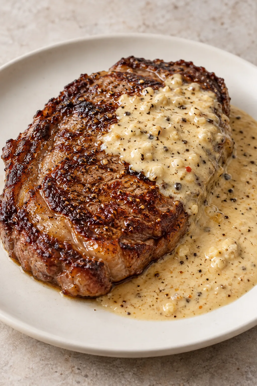 A whole seared ribeye steak topped with creamy garlic Parmesan sauce on a white plate.