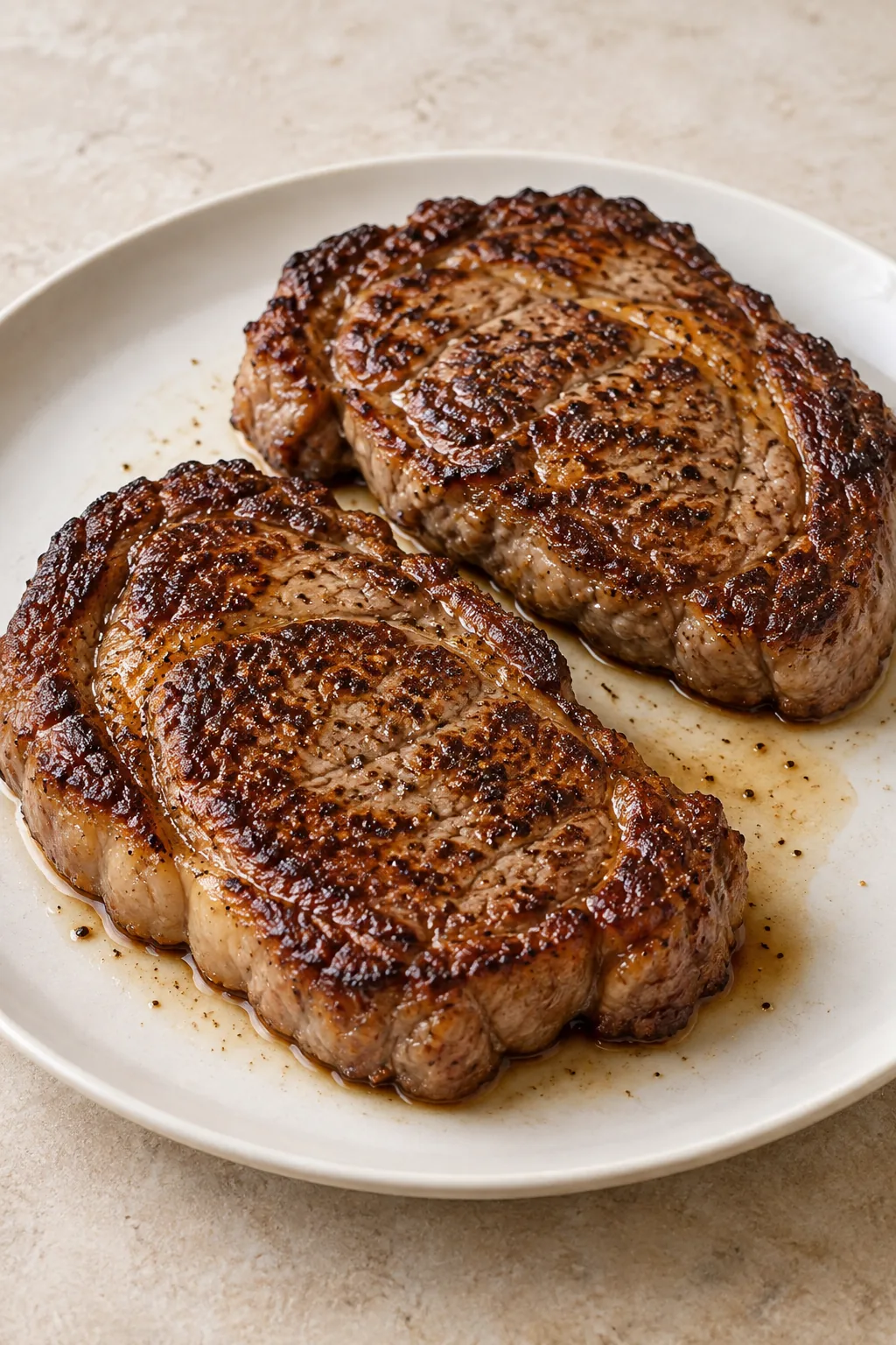 Two whole browned ribeye steaks resting on a plate while the sauce is prepared.