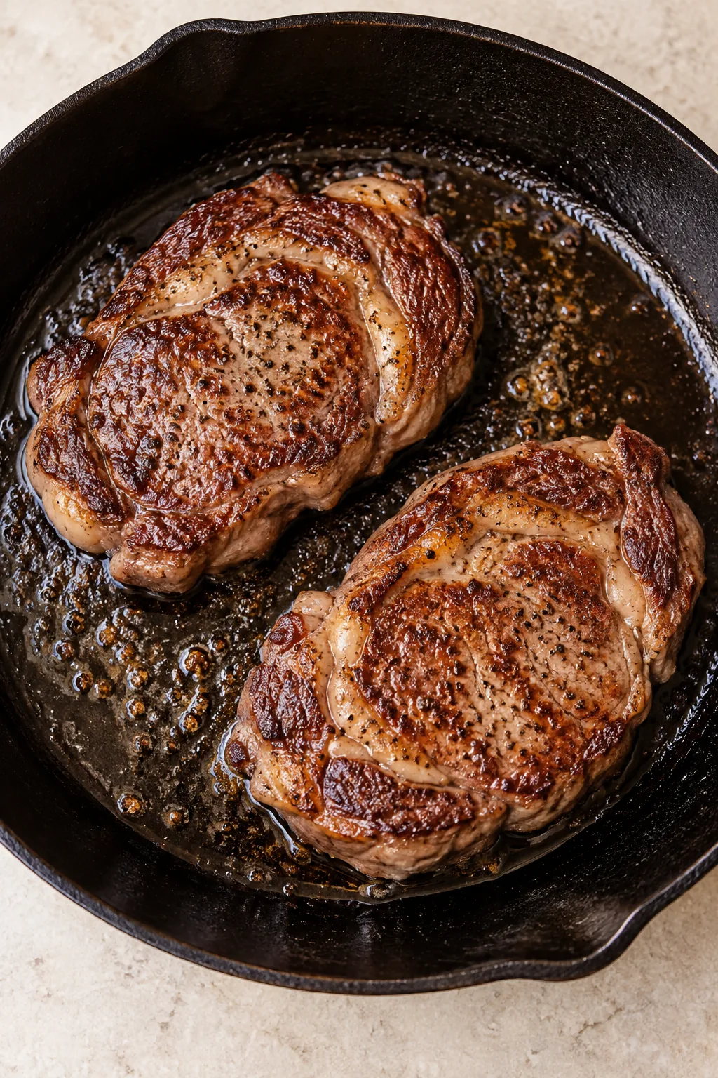 Two ribeye steaks with browned crusts in a cast-iron skillet.