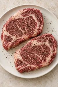 Two raw ribeye steaks seasoned with salt and black pepper before searing.