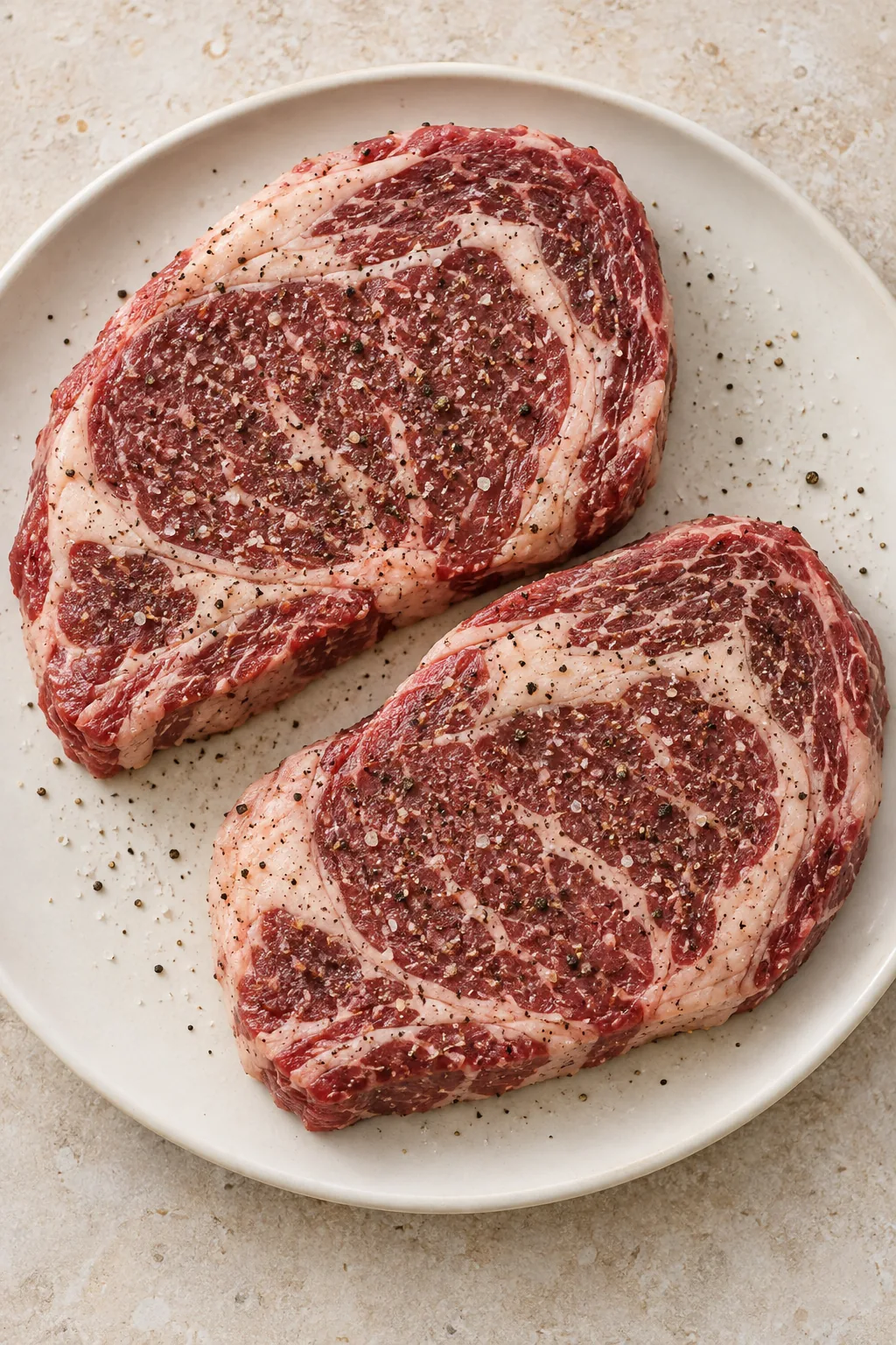 Two raw ribeye steaks seasoned with salt and black pepper before searing.