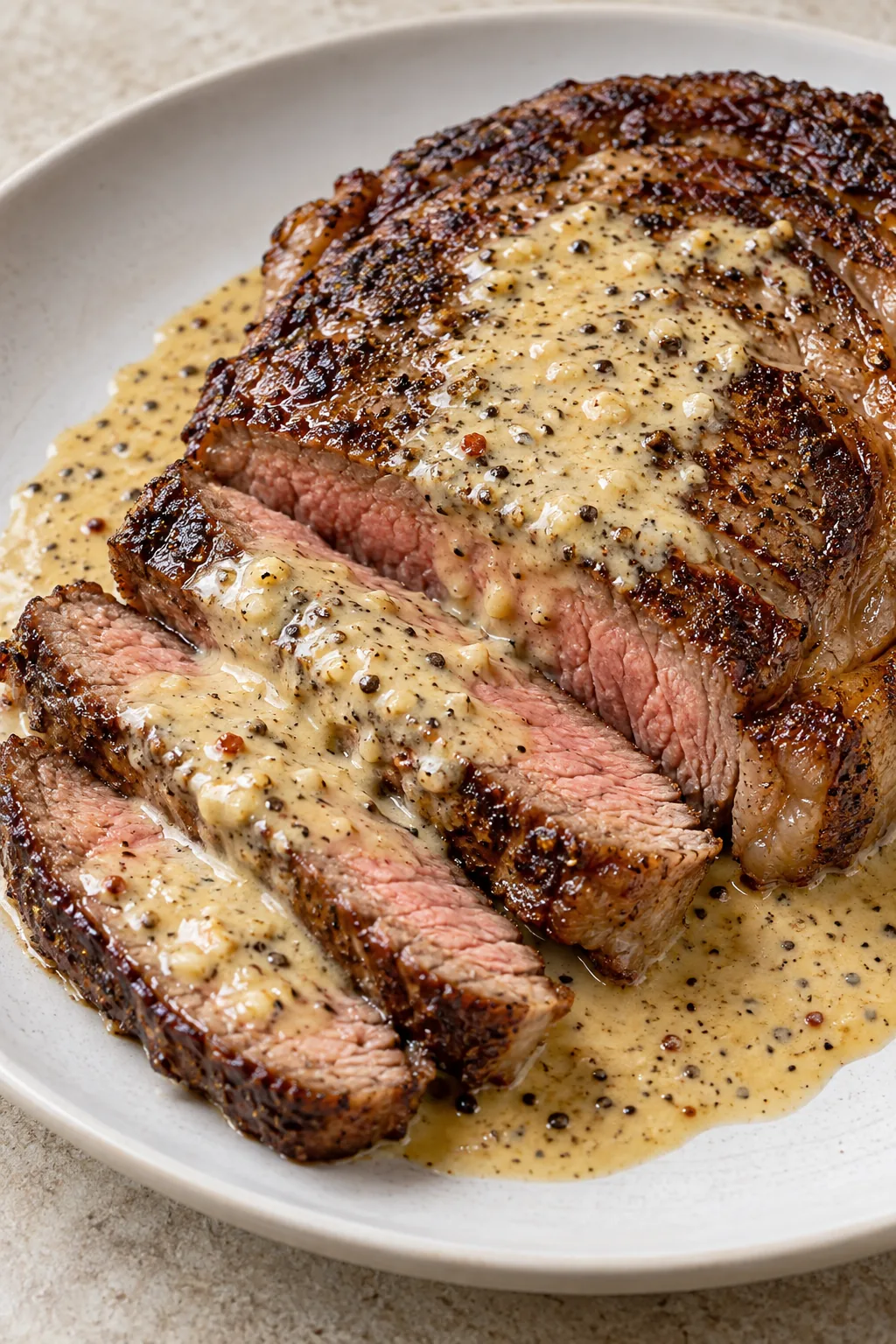 Close view of rested ribeye slices with browned edges and creamy garlic sauce.