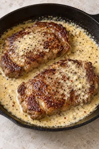 Two seared steaks returned to the skillet with creamy garlic sauce.