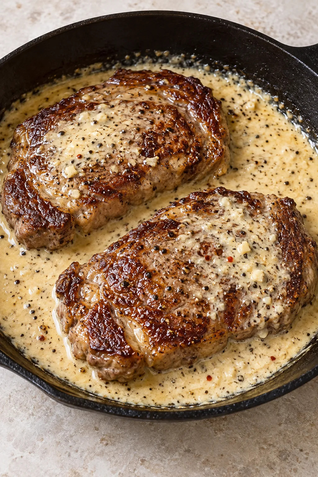 Two seared steaks returned to the skillet with creamy garlic sauce.