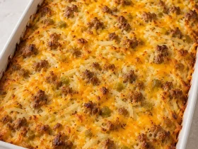 Whole baked sausage hash brown breakfast casserole with golden cheddar in a white baking dish