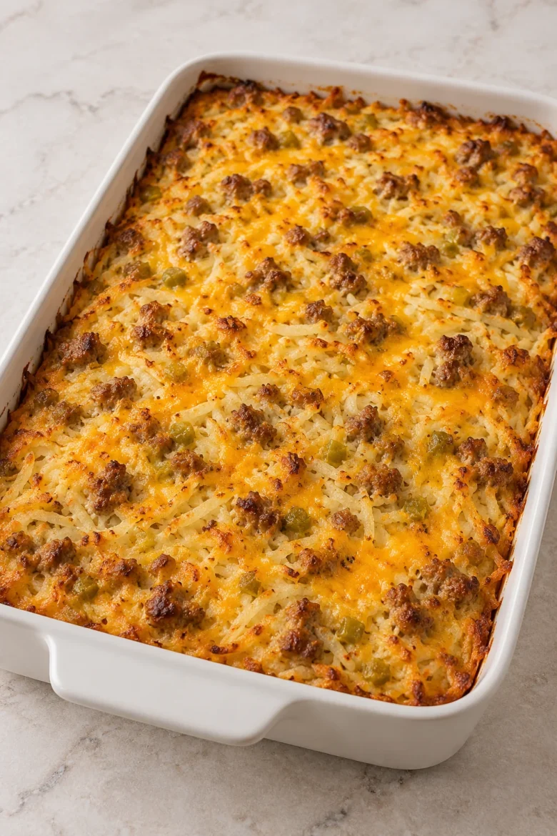 Whole baked sausage hash brown breakfast casserole with golden cheddar in a white baking dish