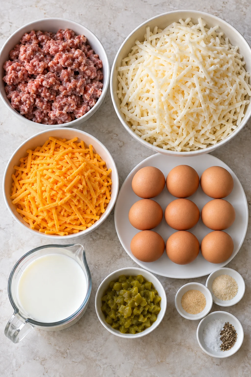 Breakfast sausage, shredded hash browns, cheddar, eggs, milk, green chiles and seasonings arranged on a counter