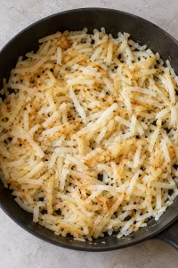 Shredded hash brown potatoes thawed and lightly golden in a skillet