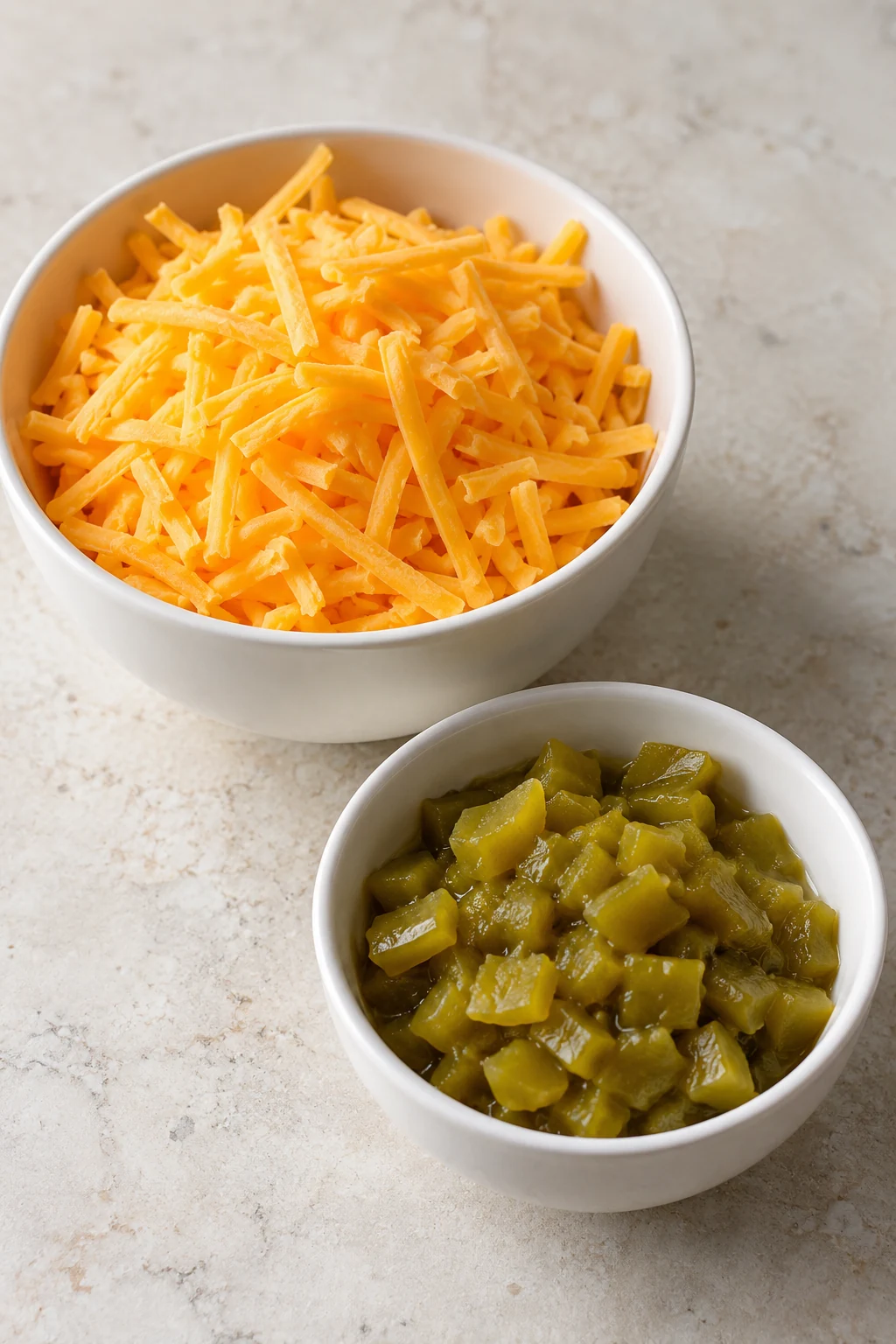 Shredded cheddar and drained diced green chiles in two small white bowls