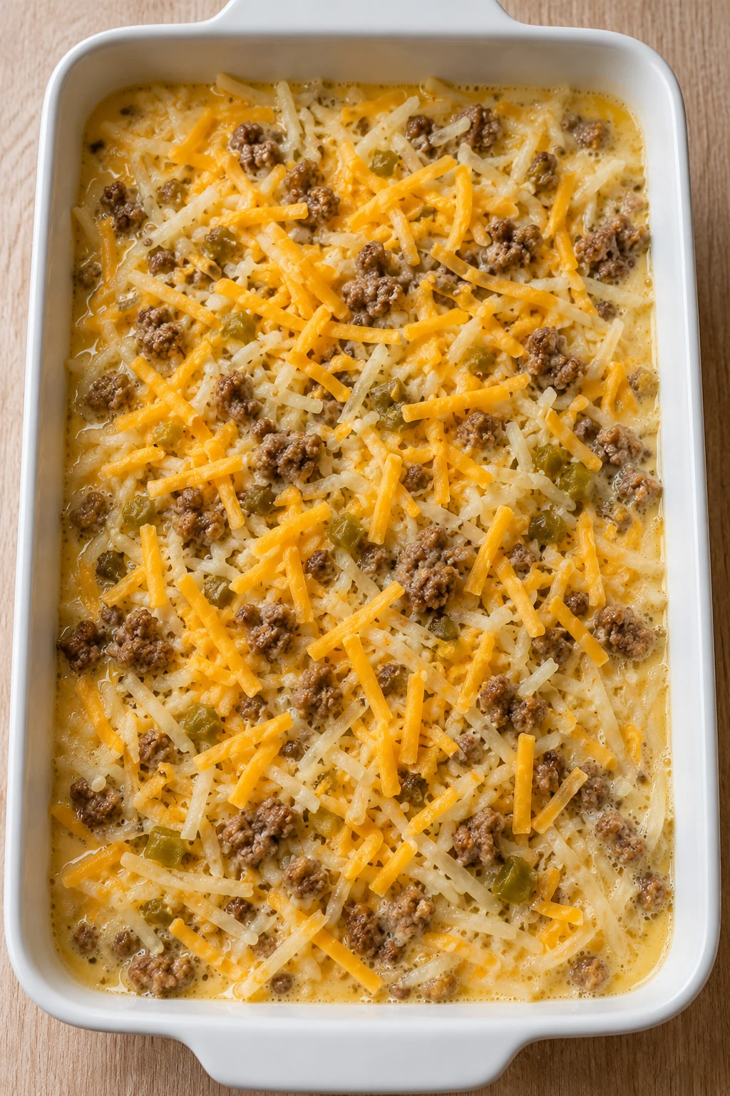 Pale egg mixture settled around hash browns, sausage, cheddar and green chiles before baking