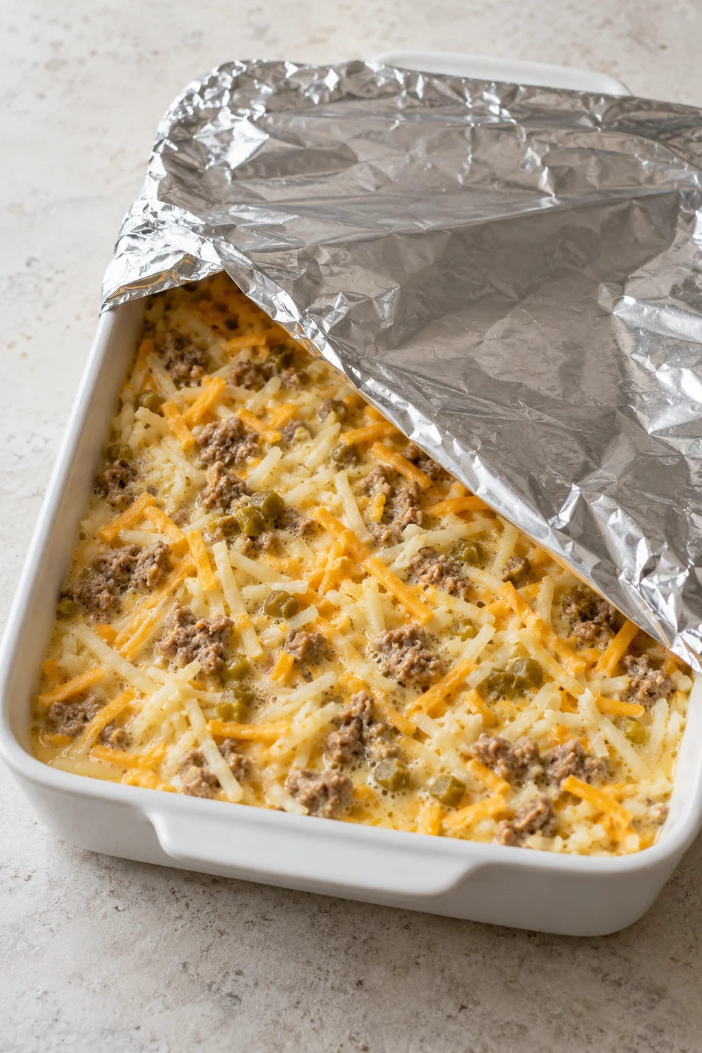 Unbaked sausage hash brown casserole partly covered with foil for overnight refrigeration