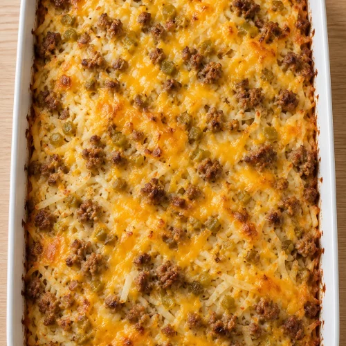 Overhead view of golden baked sausage hash brown casserole with cheddar and a set egg filling