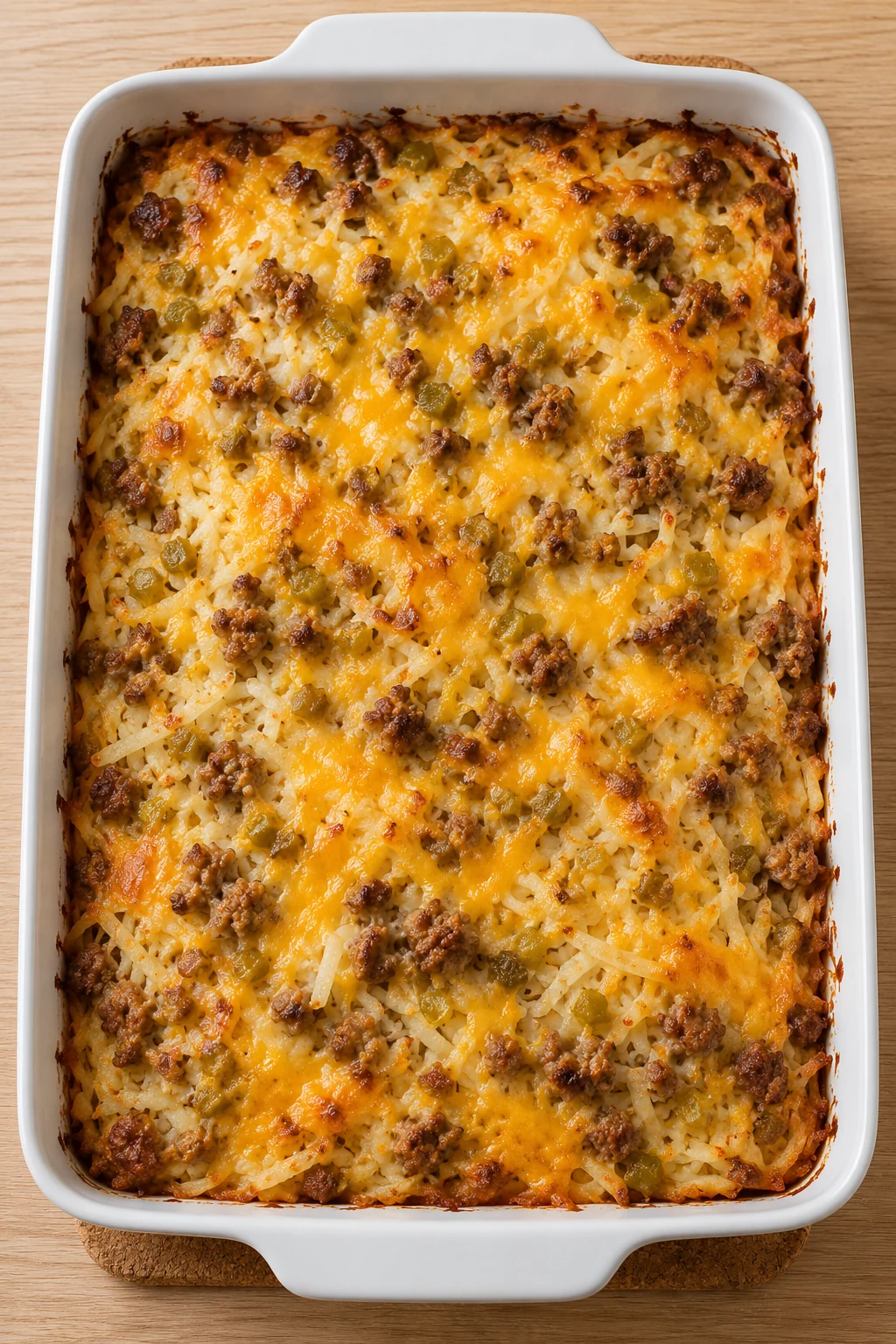 Overhead view of golden baked sausage hash brown casserole with cheddar and a set egg filling