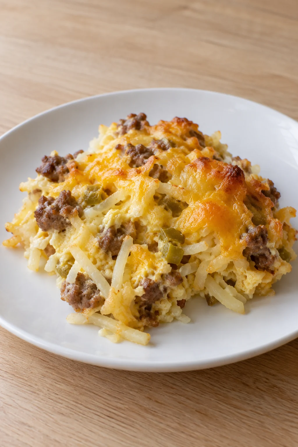 A modest spooned portion of sausage, hash browns, cheddar and set egg on a plain white plate