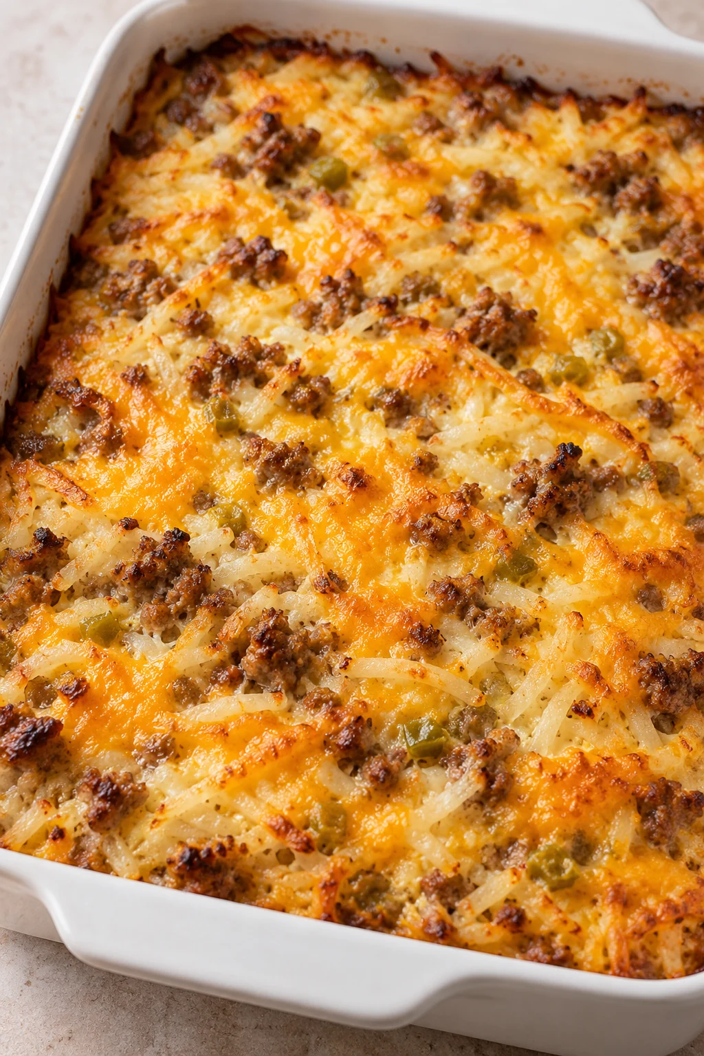 Close view of golden cheddar, browned sausage and potato strands across the intact casserole top