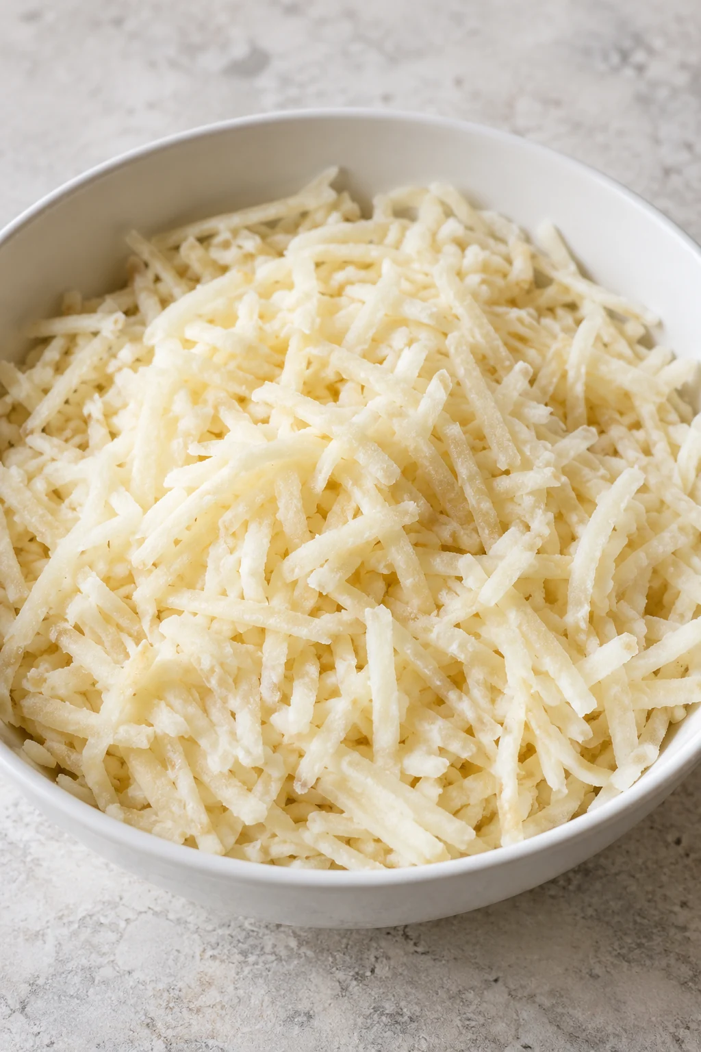 Uncooked shredded hash brown potato strands in a plain white bowl