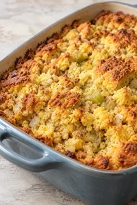 Golden edge and tender crumb of baked cornbread dressing
