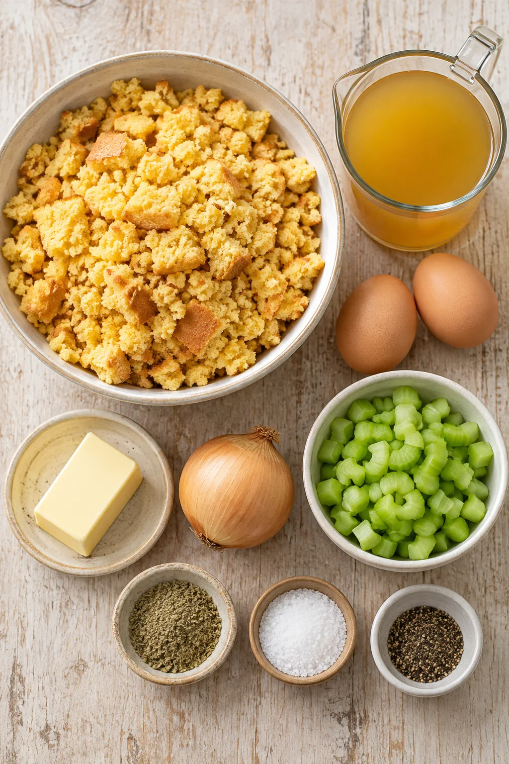 Cornbread, butter, onion, celery, eggs, chicken stock, sage, salt, and pepper