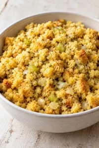 Moist cornbread dressing mixture with onion, celery, and sage