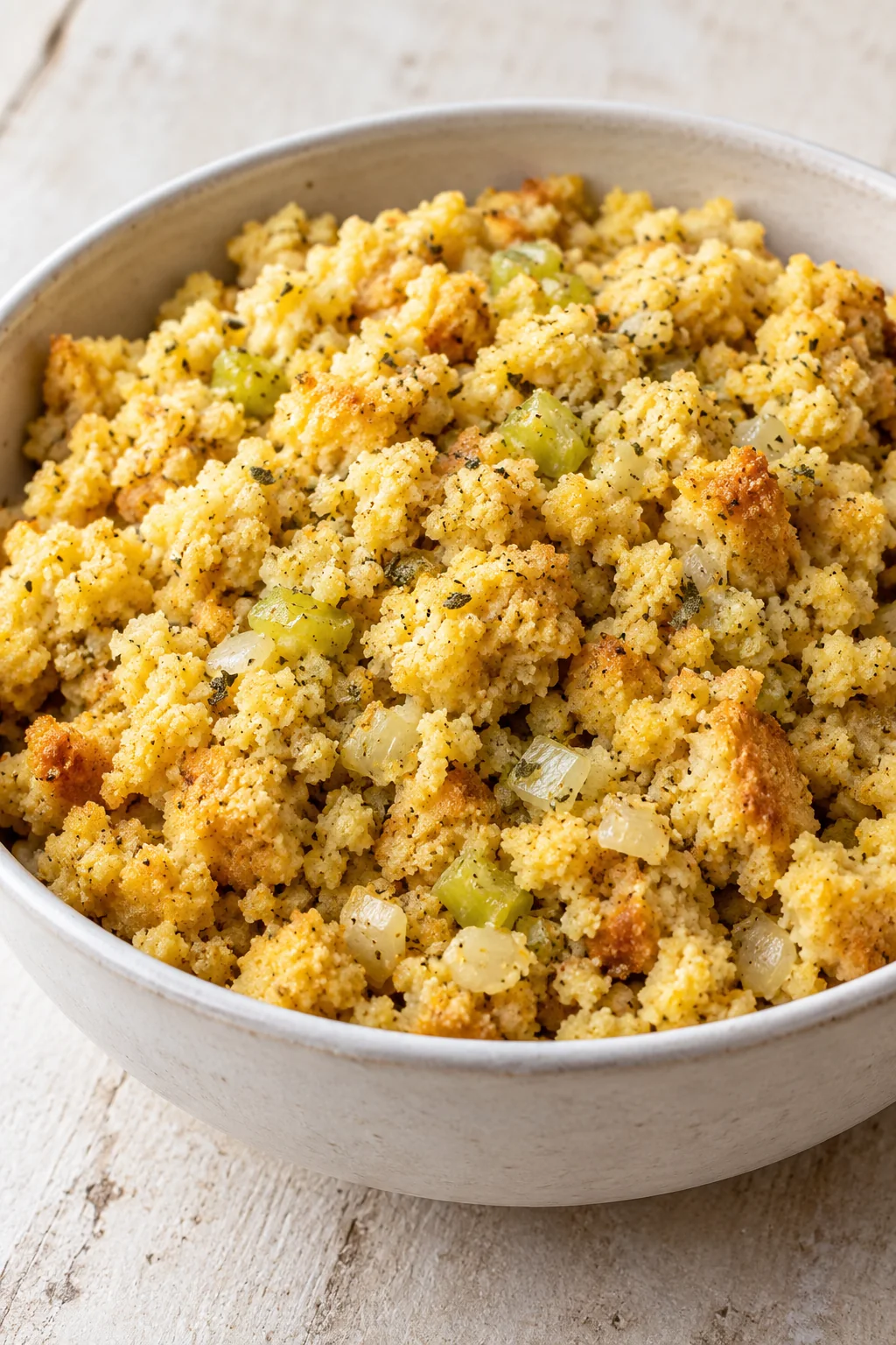 Moist cornbread dressing mixture with onion, celery, and sage