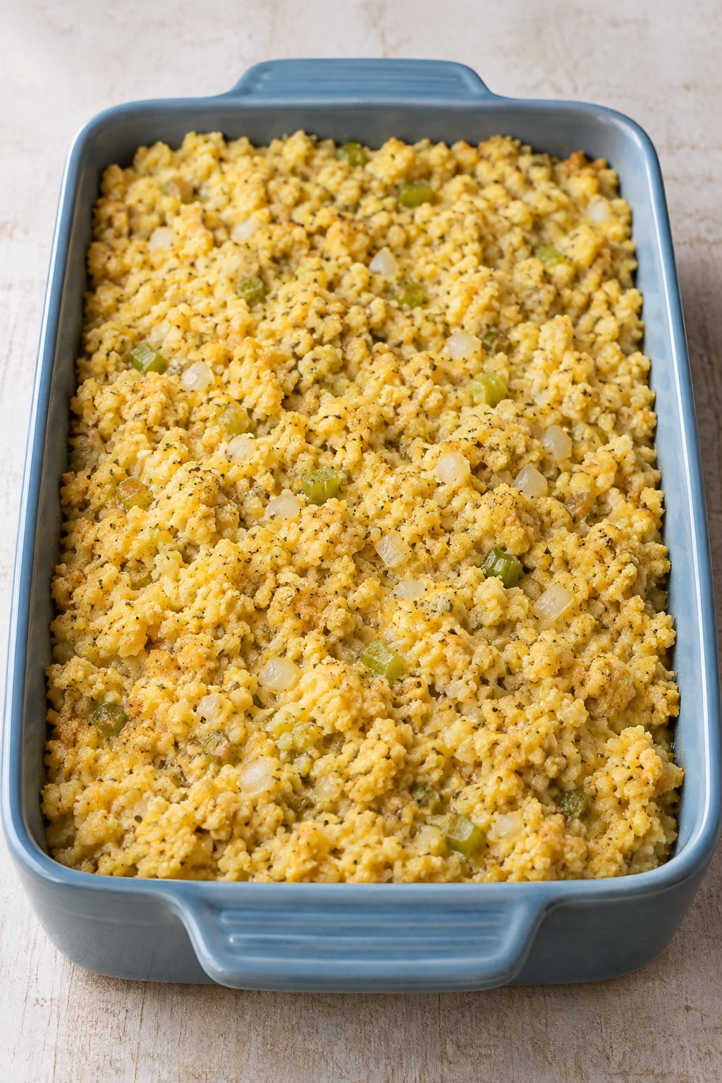 Unbaked cornbread dressing spread evenly in a blue baking dish