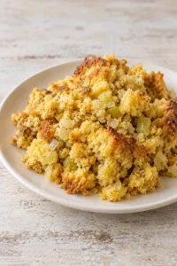 A spooned serving of cornbread dressing on a plain plate