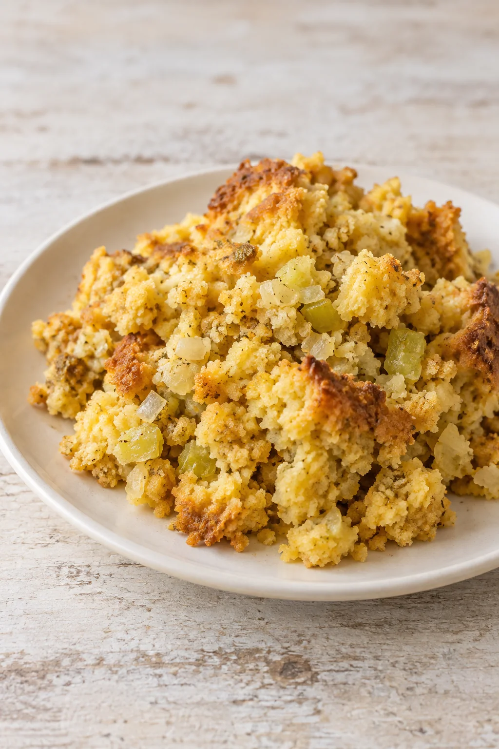 A spooned serving of cornbread dressing on a plain plate