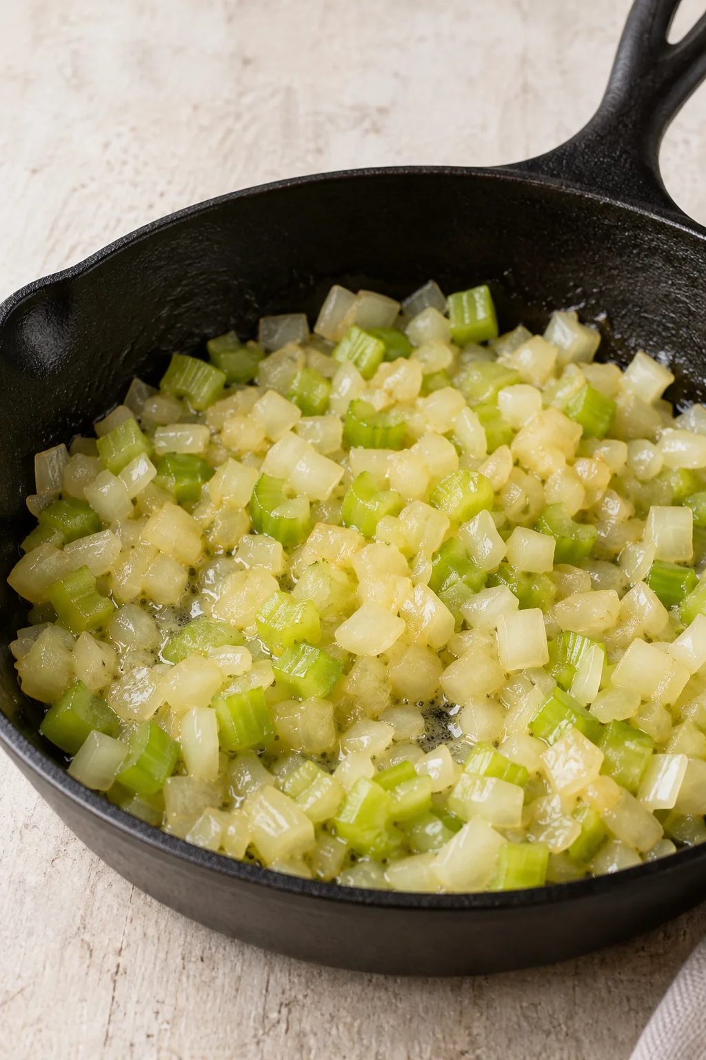 Diced onion and celery softened in butter in a skillet