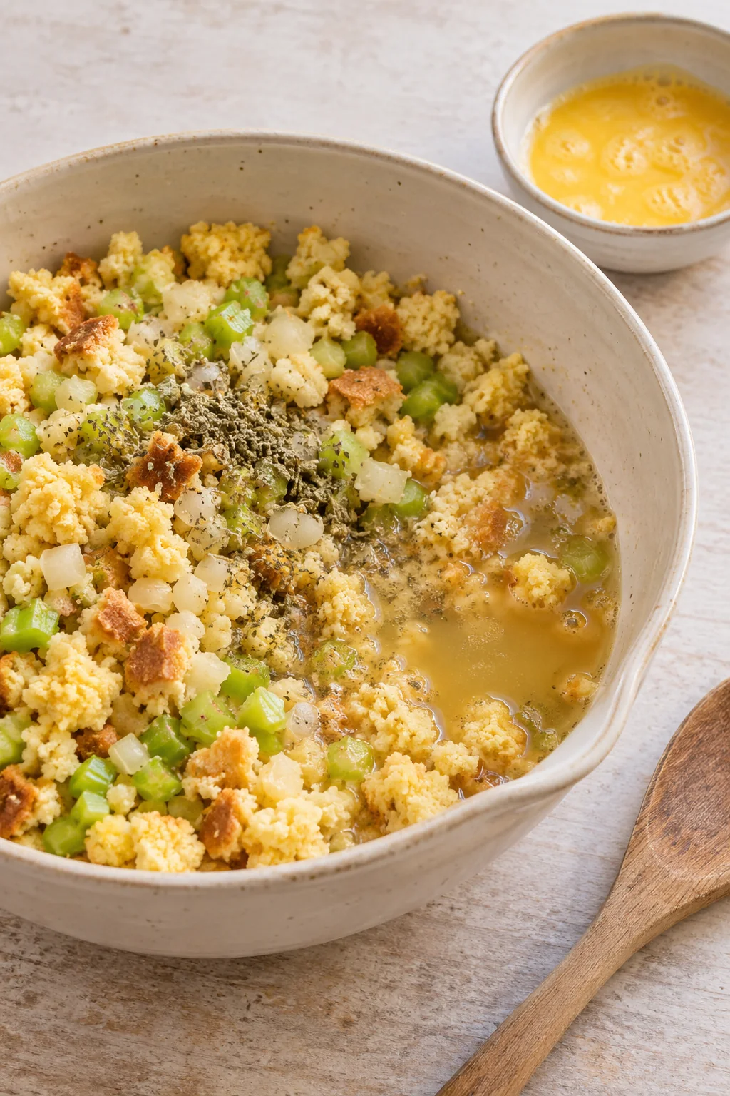 Chicken stock added to cornbread with beaten eggs alongside