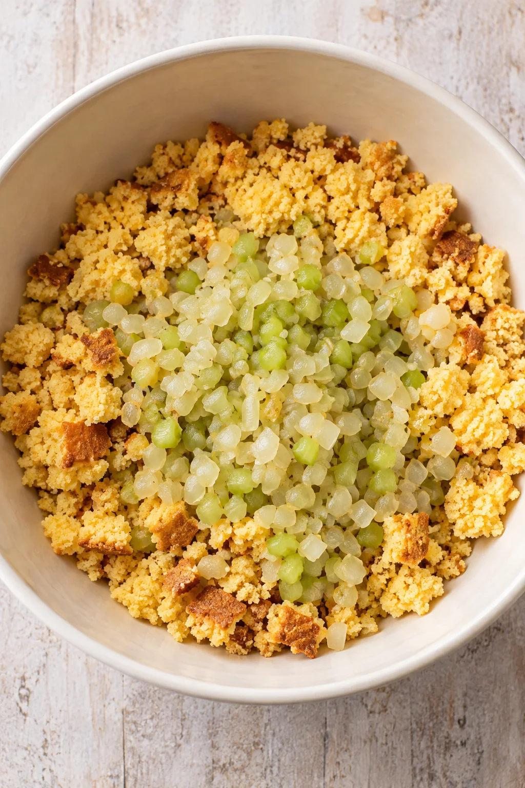 Cooked onion and celery added to crumbled cornbread