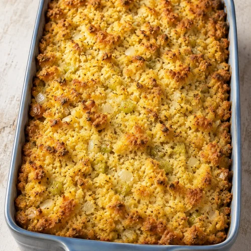 Whole Mama’s Cornbread Dressing with a golden top in a blue baking dish