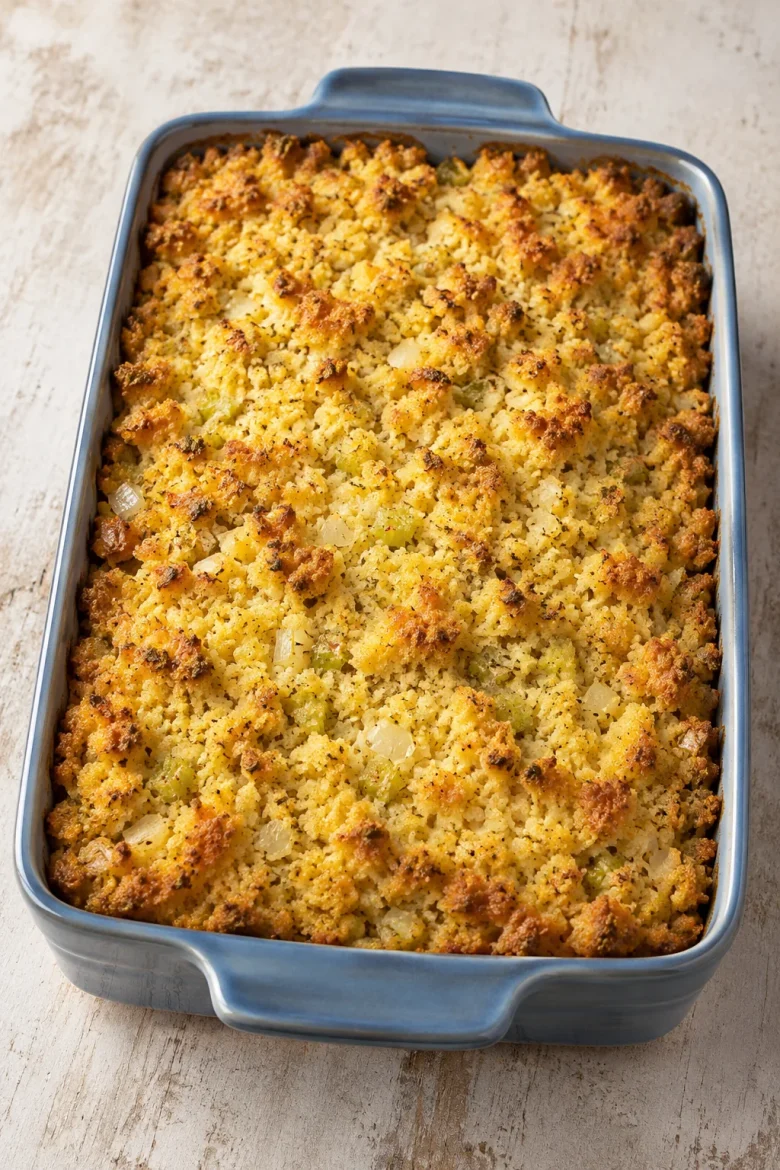 Whole Mama’s Cornbread Dressing with a golden top in a blue baking dish