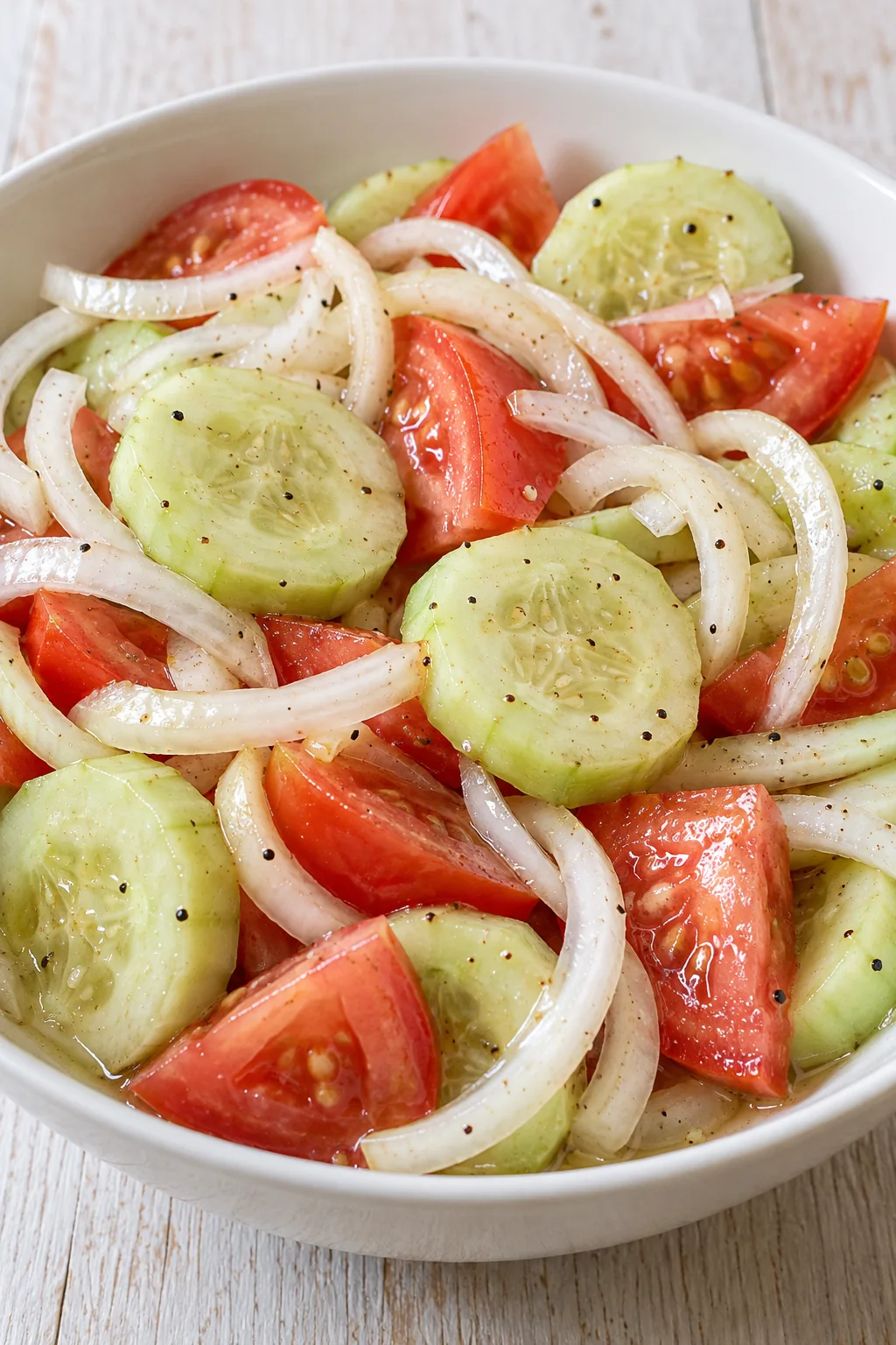 Close view of crisp cucumber rounds, juicy tomatoes and thin onion rings in the finished salad.