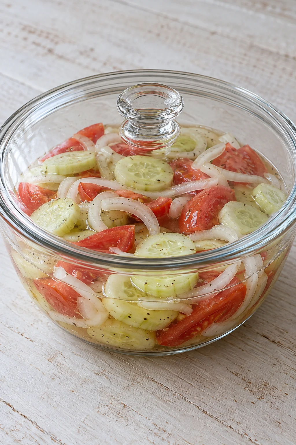 The marinated vegetable salad covered before its refrigerator chill.