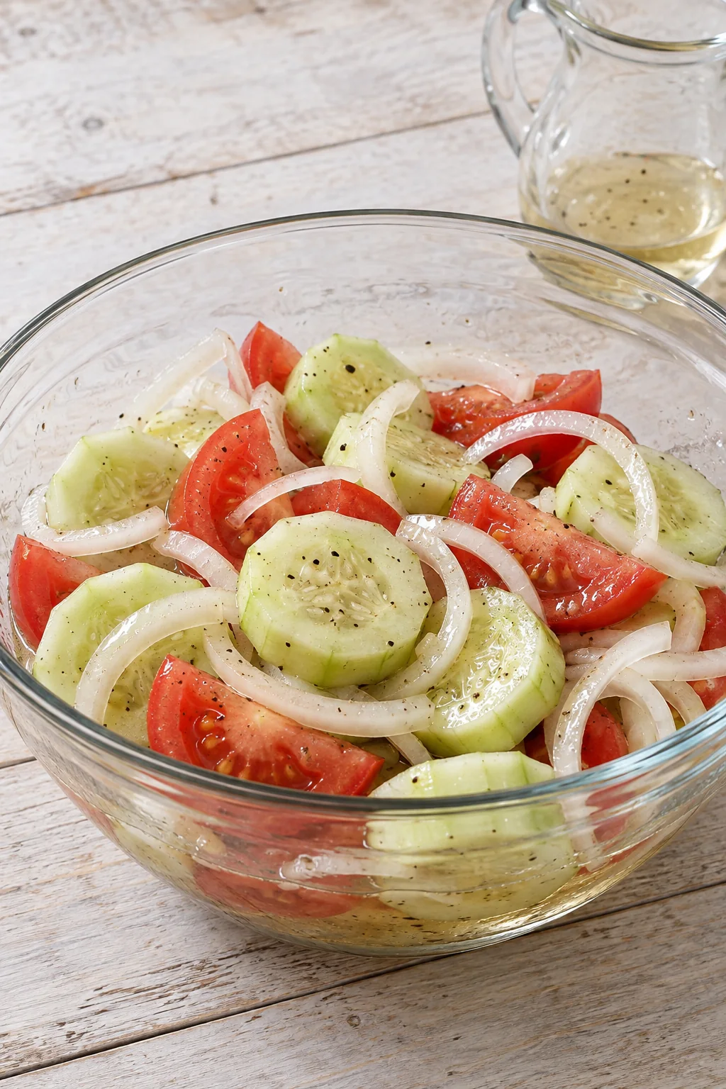 Vinegar dressing added to the cucumber, tomato and onion mixture.