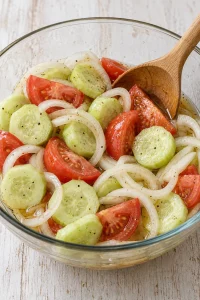 Cucumbers, tomato wedges and onion rings gently tossed with the marinade.