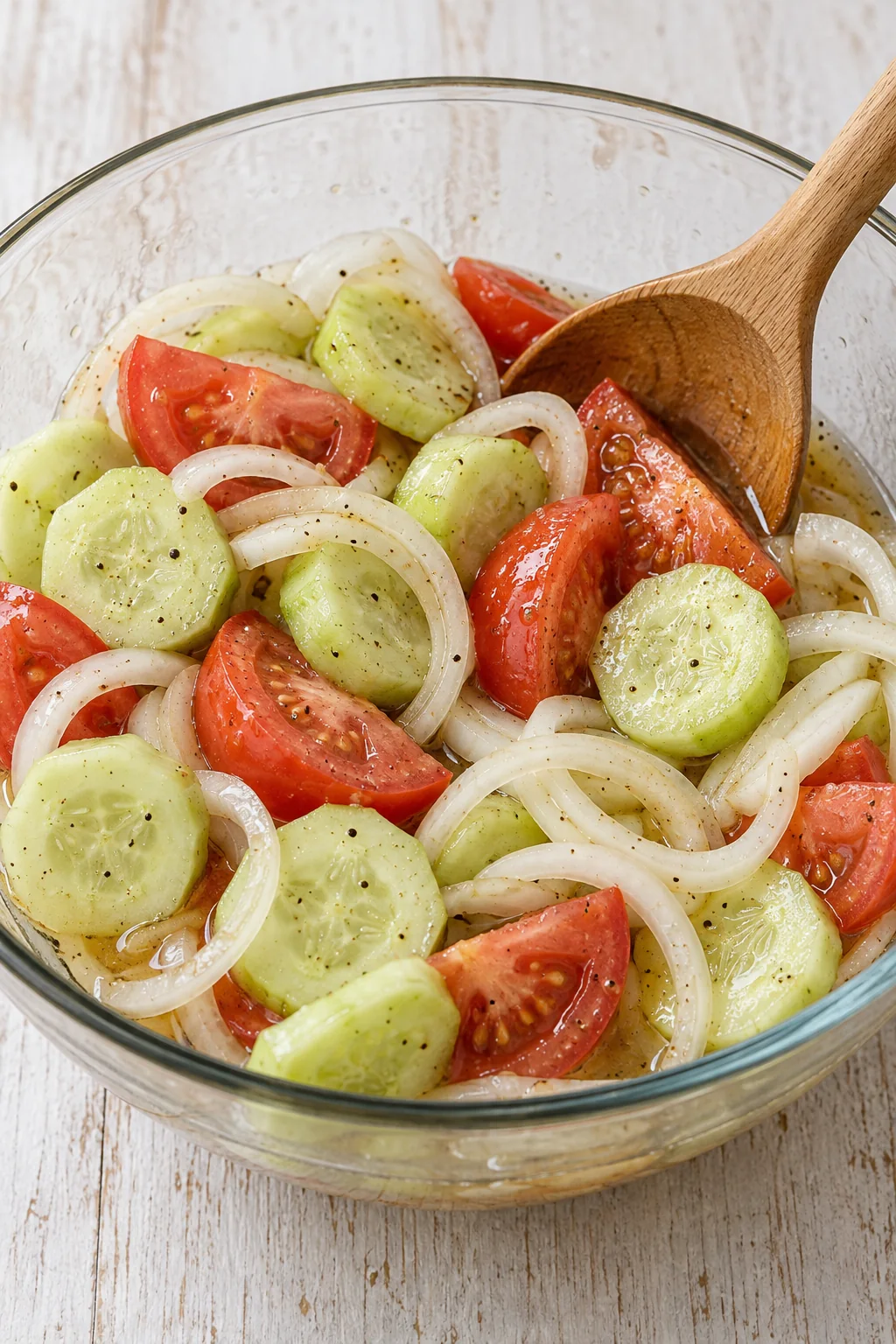 Cucumbers, tomato wedges and onion rings gently tossed with the marinade.