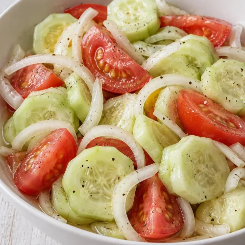 Marinated cucumber rounds, tomato wedges and white onion rings in a vinegar dressing.