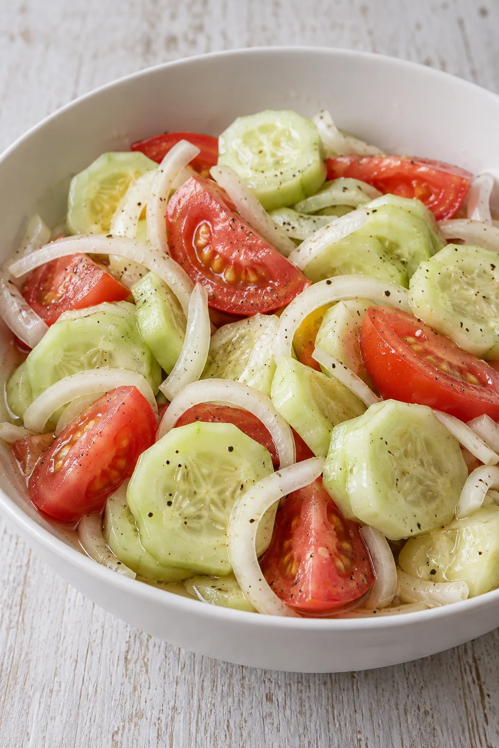 Marinated cucumber rounds, tomato wedges and white onion rings in a vinegar dressing.